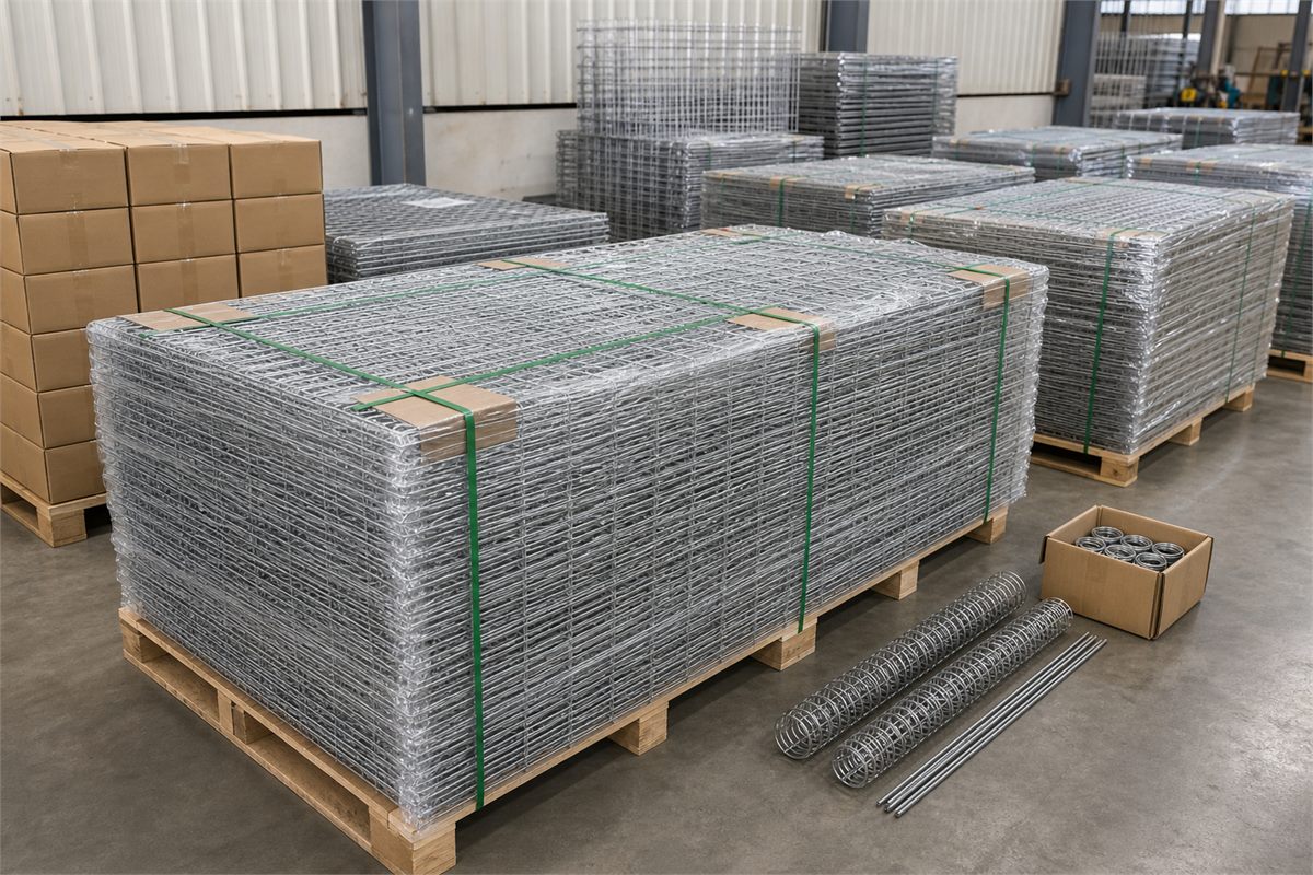 Folded gabion panels packed on pallets for export
