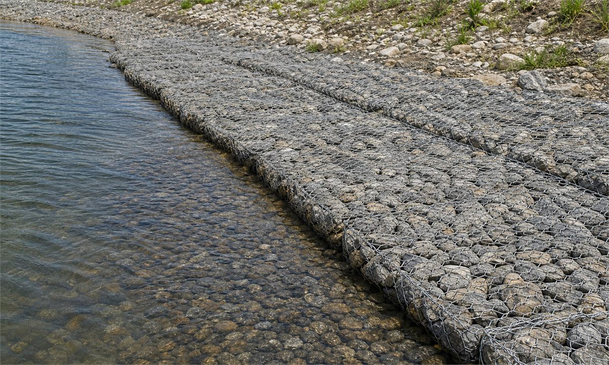 Gabion mattress installed on riverbank for erosion control