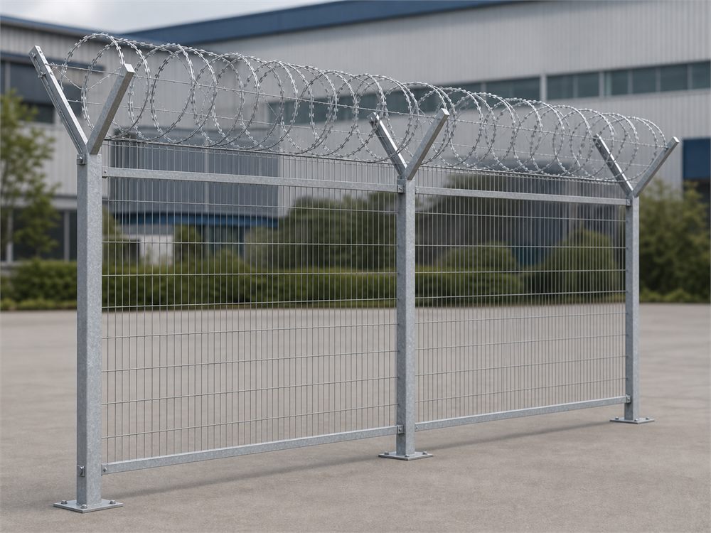 Razor wire fence system with dense mesh panels