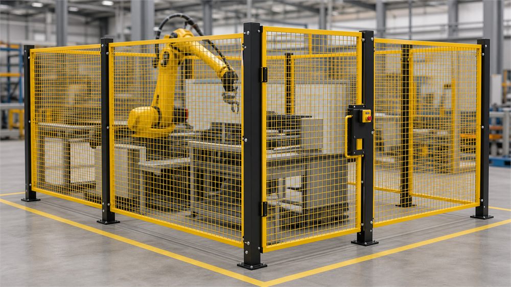 Industrial robot safety fence panels around machine cell
