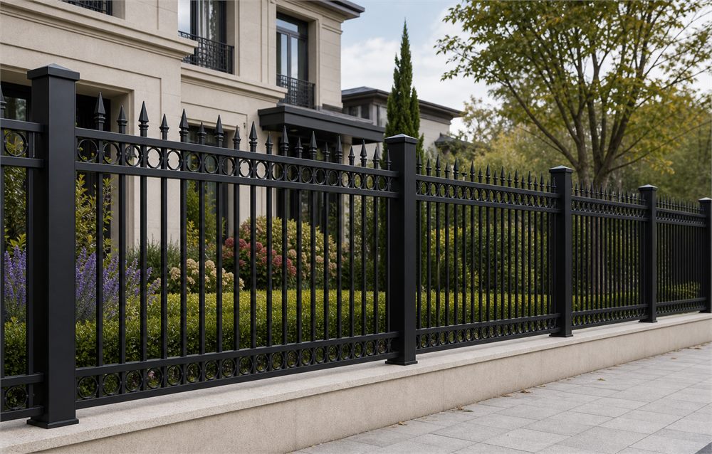 Black zinc steel fence with spear top pickets